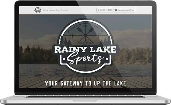 Rainy Lake Sports website shown on a laptop